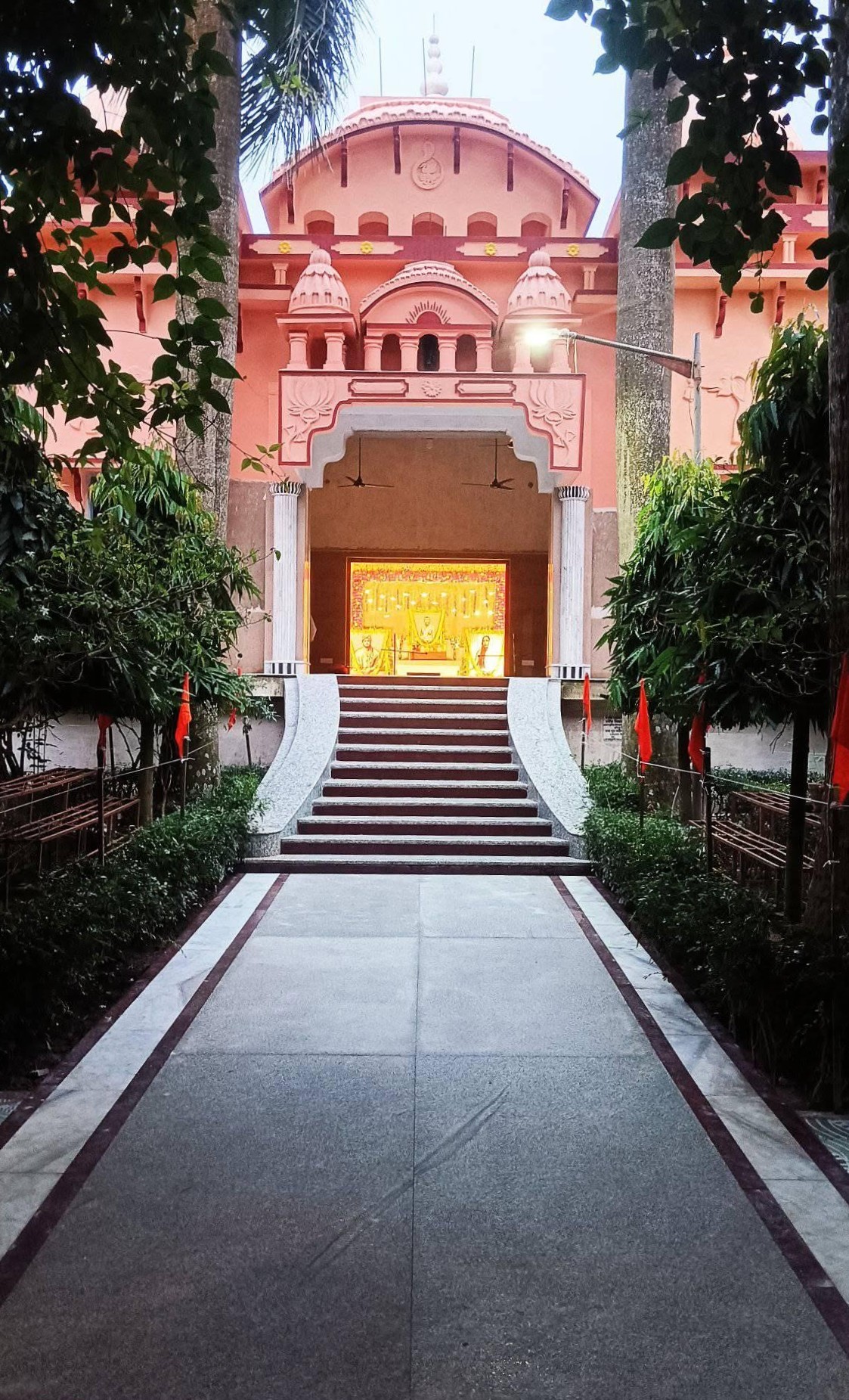 The temple at Singerkone Ramkrishna Ashram, approached through an avenue of trees